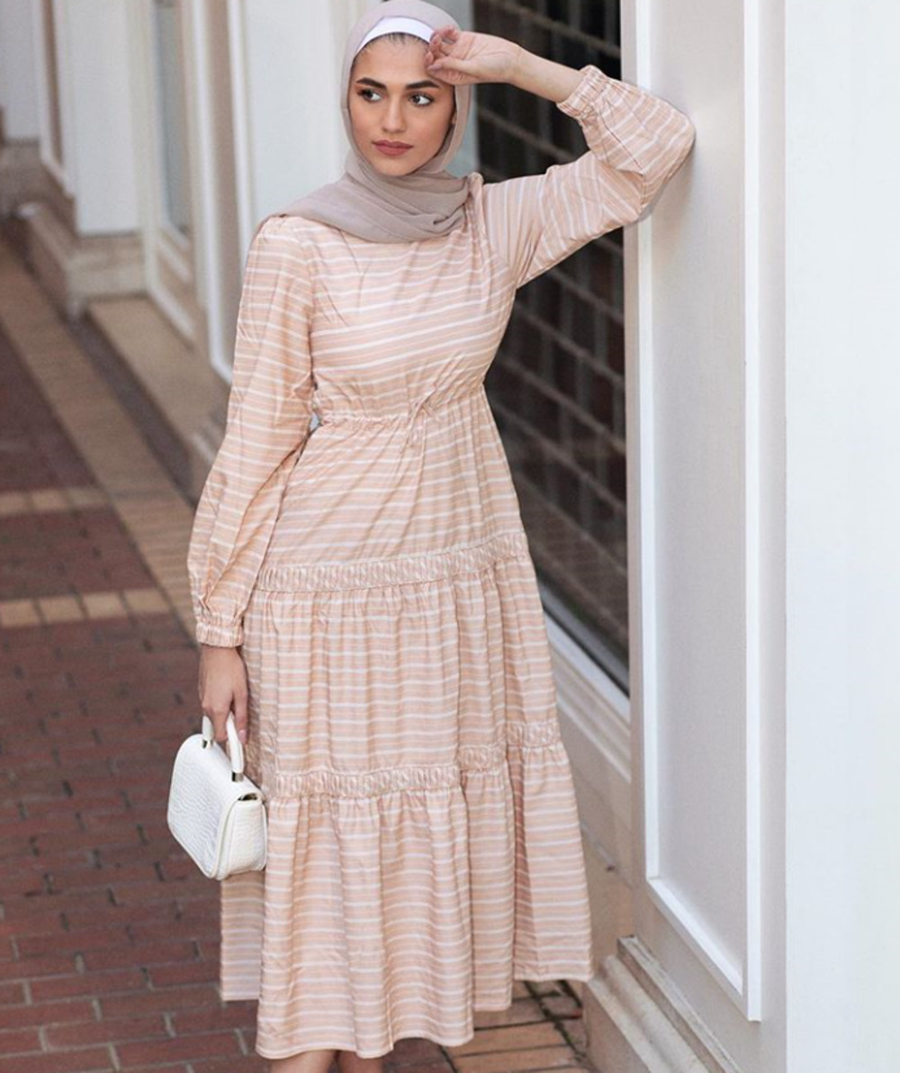 Hijab House Dress Modest Striped Day Beige White 6 Maxi Tier Long Sleeve Neutral - Picture 1 of 6